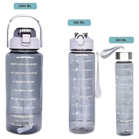 Neo Clean Leakproof Motivational Water Bottle with Time Marker & Straw | 3-Piece Set in 300ml, 800ml, 2000ml | Transparent Plastic Hydration Bottle