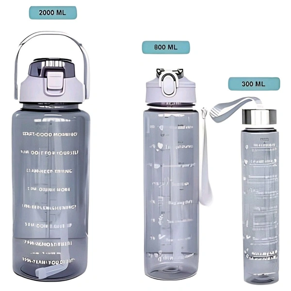 Neo Clean Leakproof Motivational Water Bottle with Time Marker & Straw | 3-Piece Set in 300ml, 800ml, 2000ml | Transparent Plastic Hydration Bottle