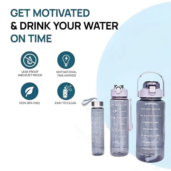 Neo Clean Leakproof Motivational Water Bottle with Time Marker & Straw | 3-Piece Set in 300ml, 800ml, 2000ml | Transparent Plastic Hydration Bottle