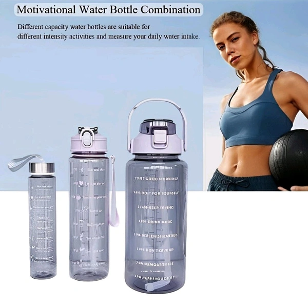 Neo Clean Leakproof Motivational Water Bottle with Time Marker & Straw | 3-Piece Set in 300ml, 800ml, 2000ml | Transparent Plastic Hydration Bottle