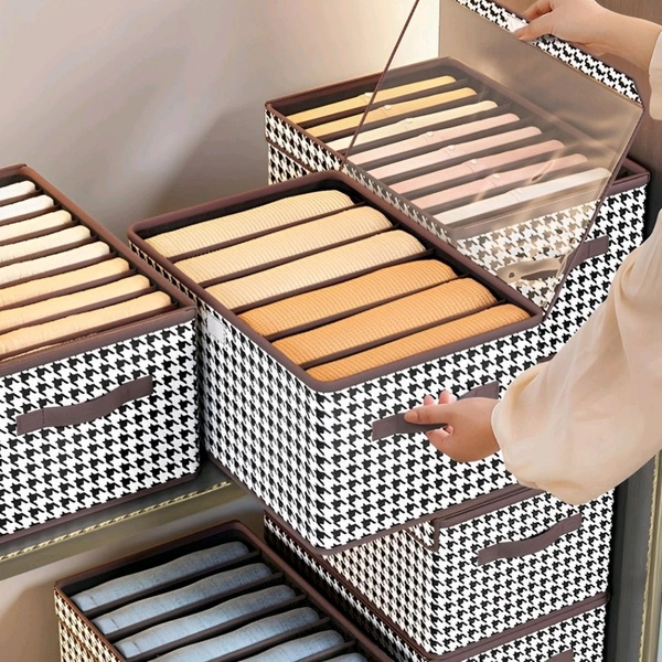 Neo Clean Foldable Non-Woven Fabric Closet Organizer with Lid - 7 Grid Washable Storage Box for Jeans, Leggings, Shirts & Thin Coats