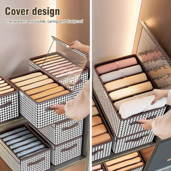 Neo Clean Foldable Non-Woven Fabric Closet Organizer with Lid - 7 Grid Washable Storage Box for Jeans, Leggings, Shirts & Thin Coats