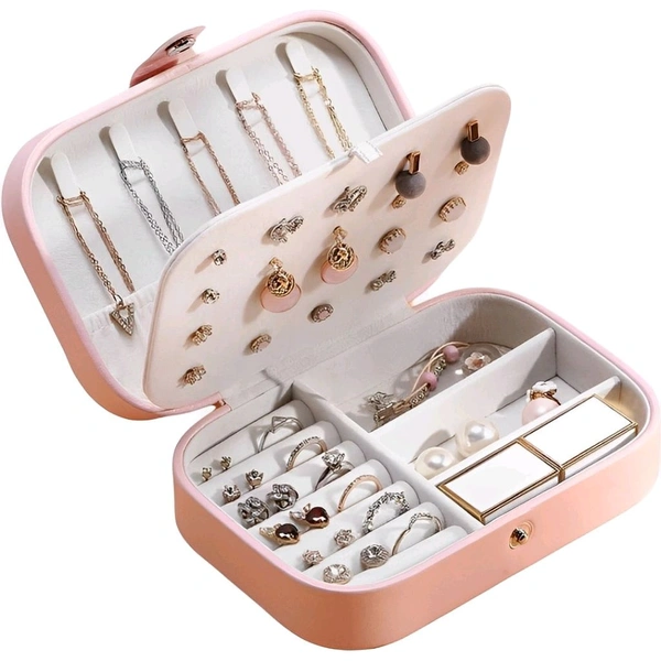 Neo Clean Portable PU Leather Jewellery Organizer Box – Zipper Case with Dividers for Rings, Earrings, Necklaces – Compact Storage for Travel & Home – Pink