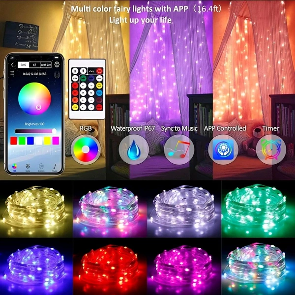 Neo Clean Smart Fairy Lights 10M, 100 LED RGB String Lights with USB & Bluetooth, App & Remote Control – Plug-in Decorative Lights for Diwali, Christmas, Outdoor & Indoor Use