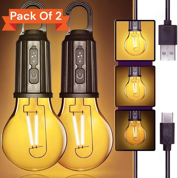 2 PCS Rechargeable LED Light Bulbs – Waterproof Camping Lantern with USB Cable, 3 Modes Hanging Tent Light for Hiking, Emergency, Household, Car Repair & Outdoor Use
