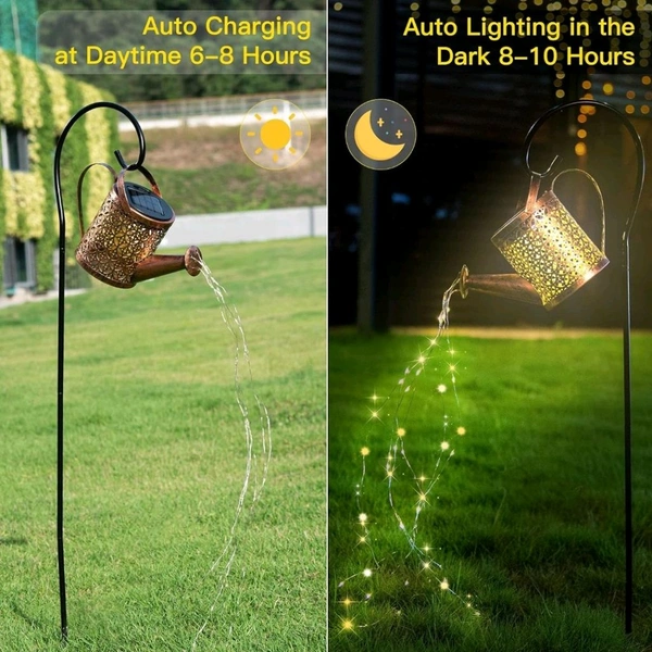 Neo Clean Solar Outdoor Garden Lights Waterproof - Retro Metal Solar Watering Can with Cascading String Lights, Hanging Solar Lantern for Patio, Garden, and Yard Deco
