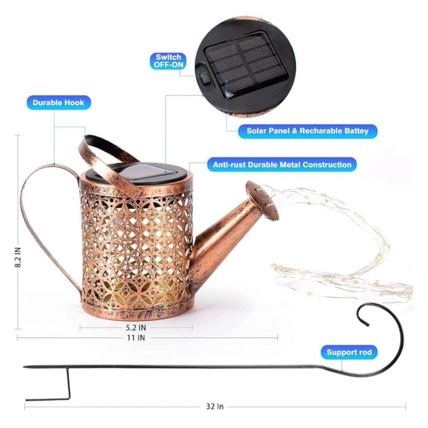 Neo Clean Solar Outdoor Garden Lights Waterproof - Retro Metal Solar Watering Can with Cascading String Lights, Hanging Solar Lantern for Patio, Garden, and Yard Deco