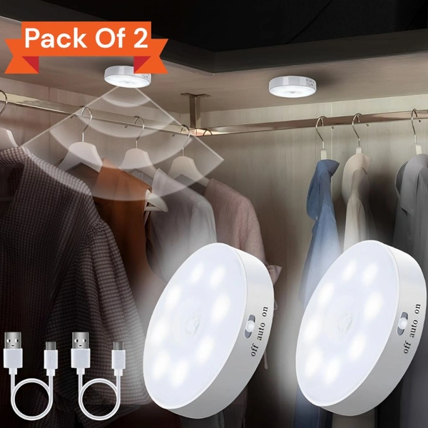 Motion Sensor LED Night Lights (Pack of 2) - USB Rechargeable, Wireless Adhesive Body Induction Lamps for Wardrobe, Cupboard, Stairs, and Home Lighting (White)