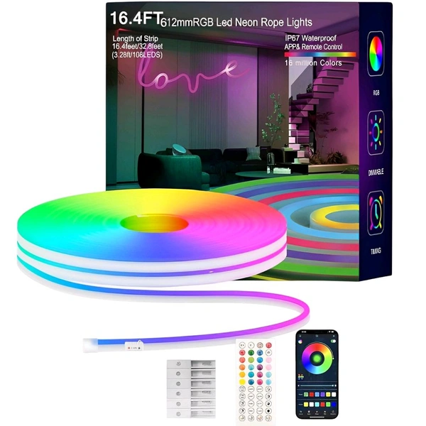 Neo Clean 5 Meter Smart Neon Strip Lights with RGB LED, App Control, Music Sync, and Multicolor Neon Rope Design