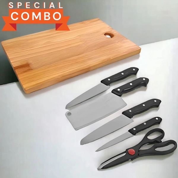 Stainless Steel Knife Set with Wooden Chopping Board – 5-Piece Kitchen Set with Scissors for Vegetable & Meat Cutting