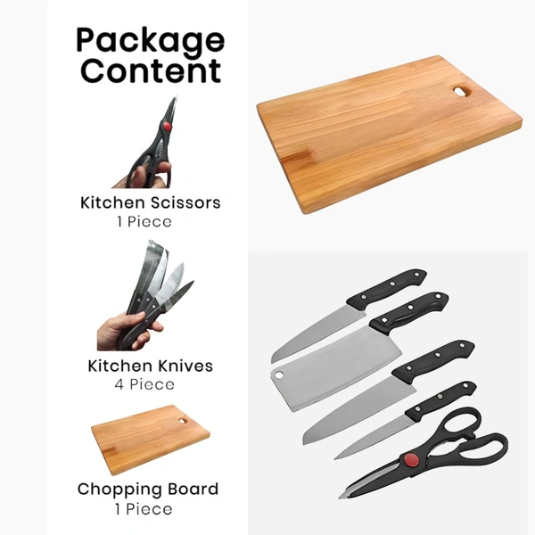 Neo Clean Stainless Steel Knife Set with Wooden Chopping Board – 5-Piece Kitchen Set with Scissors for Vegetable & Meat Cutting