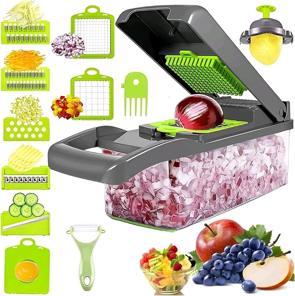 14-in-1 Multipurpose Vegetable and Fruit Chopper | Food-Grade Slicer, Dicer, Grater, Peeler, Chipser | Unbreakable Kitchen Tool with Easy Clean Push Button