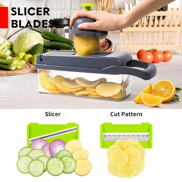 Neo Clean 14-in-1 Multipurpose Vegetable and Fruit Chopper | Food-Grade Slicer, Dicer, Grater, Peeler, Chipser | Unbreakable Kitchen Tool with Easy Clean Push Button