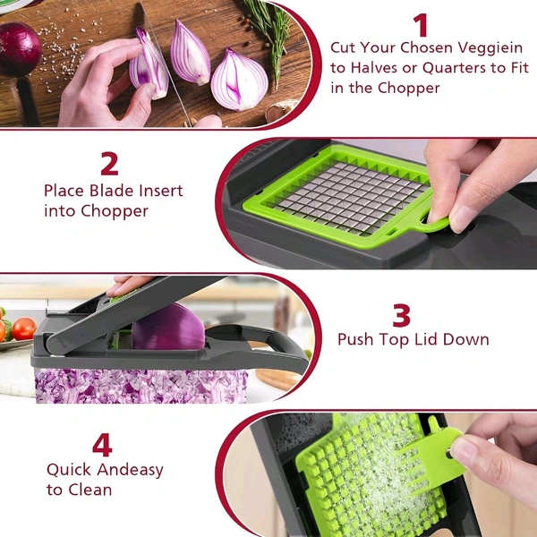 Neo Clean 14-in-1 Multipurpose Vegetable and Fruit Chopper | Food-Grade Slicer, Dicer, Grater, Peeler, Chipser | Unbreakable Kitchen Tool with Easy Clean Push Button