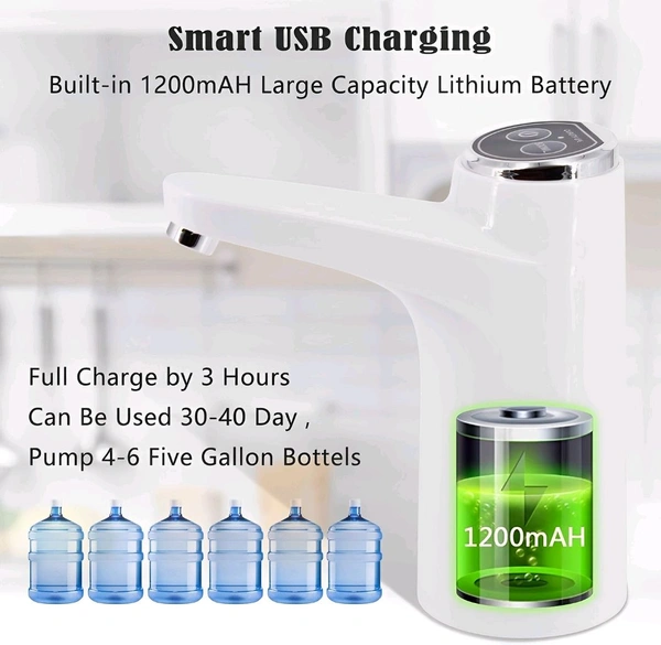 Neo Clean Automatic Electric Water Dispenser Pump for 20L Jars | USB Rechargeable Portable Water Bottle Pump for 3, 4, 5 Gallon with Auto Off Switch - Black/White