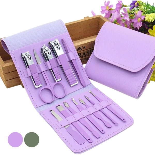 Neo Clean 12 Pcs Stainless Steel Manicure Pedicure Tool Kit – Portable Nail Care Set with Folding Bag (Purple/Green)