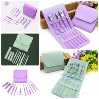 Neo Clean 12 Pcs Stainless Steel Manicure Pedicure Tool Kit – Portable Nail Care Set with Folding Bag (Purple/Green)