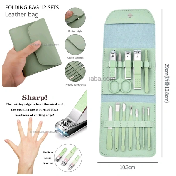Neo Clean 12 Pcs Stainless Steel Manicure Pedicure Tool Kit – Portable Nail Care Set with Folding Bag (Purple/Green)