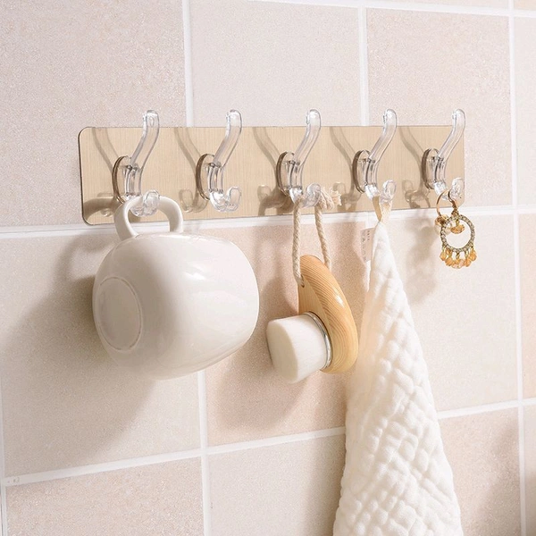 Neo Clean 5-in-1 Heavy Duty Self-Adhesive Wall Hooks - Waterproof Sticky Hooks for Hanging, Transparent Finish (Pack of 1)