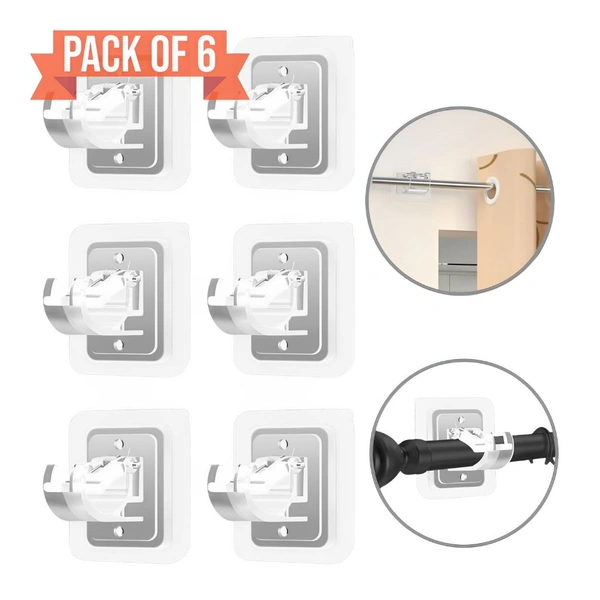 Neo Clean No-Drill Curtain Rod Brackets (3 Pairs) – Self-Adhesive, Nail-Free, Adjustable Acrylic Holders for 0.6–1.5" Rods – Heavy-Duty Hooks for Home, Bathroom, Kitchen, Hotel