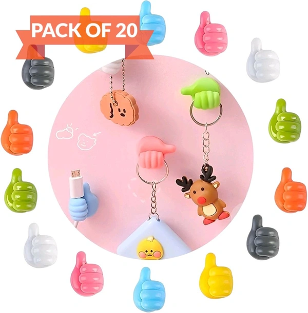 Neo Clean 14 Pcs Self-Adhesive Thumb Wall Hooks & Cable Clips Set, No Punch Key Holders, Silicone Hangers for Desk Wire Management, Random Color Hanging Hooks