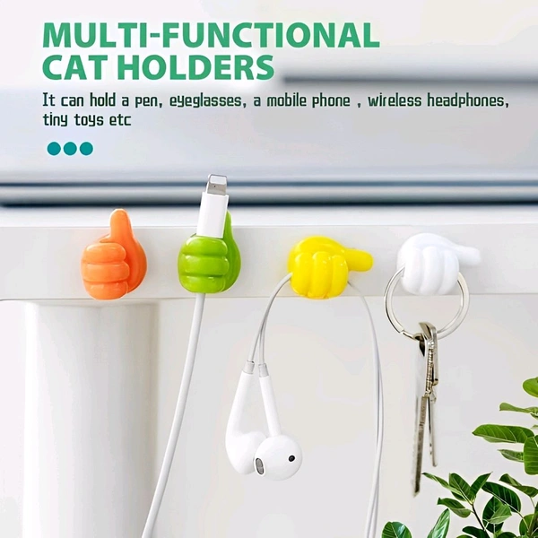 Neo Clean 14 Pcs Self-Adhesive Thumb Wall Hooks & Cable Clips Set, No Punch Key Holders, Silicone Hangers for Desk Wire Management, Random Color Hanging Hooks