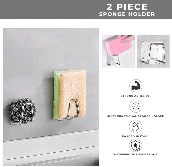 Neo Clean Stainless Steel Adhesive Sponge Holder for Kitchen Sink - Waterproof Sink Caddy for Kitchen Accessories (Pack Of 2)