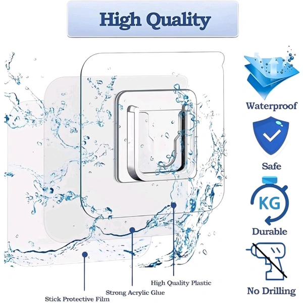 Neo Clean Transparent Self-Adhesive Male/Female Wall Hooks – Plastic Waterproof Sticker Hooks for Bathroom, Kitchen, and Home Organization (Pack of 12)