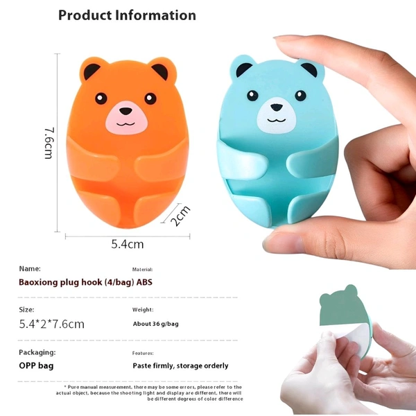 Neo Clean Adhesive Cute Bear Wall Hooks – Multicolor Cartoon Storage Hooks for Kitchen, Plug Wire Holders, Durable & Stylish (Pack of 10)