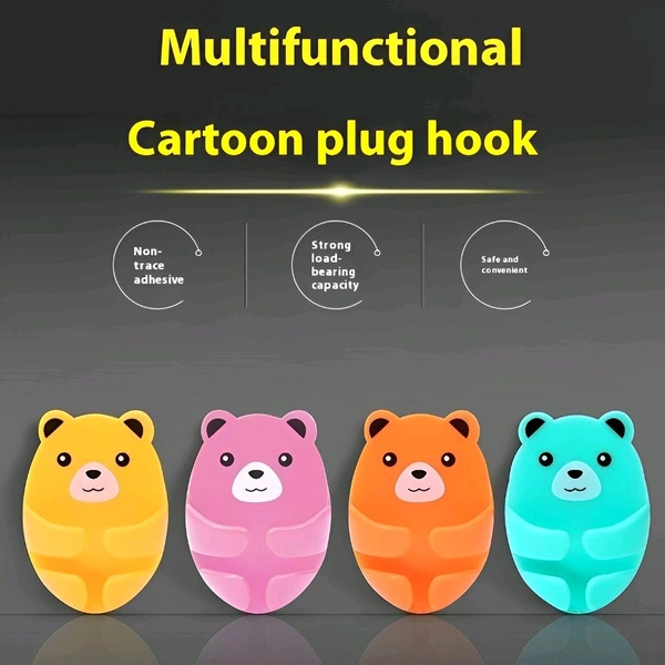 Neo Clean Adhesive Cute Bear Wall Hooks – Multicolor Cartoon Storage Hooks for Kitchen, Plug Wire Holders, Durable & Stylish (Pack of 10)