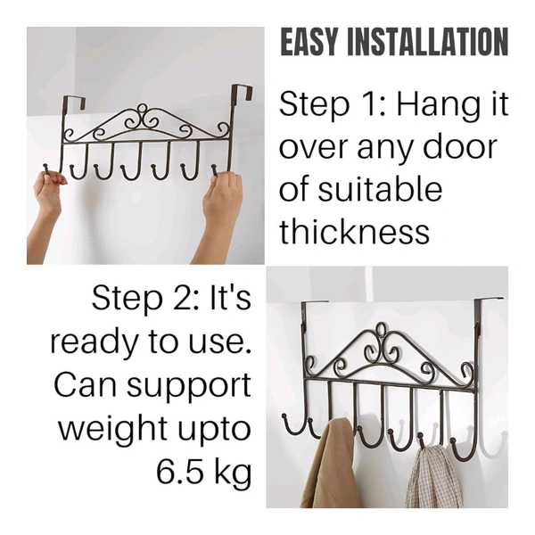 Neo Clean Black Over-The-Door Hook Hanger with 7 Hooks – No Drilling Required, Ideal for Home & Office (Pack of 1)