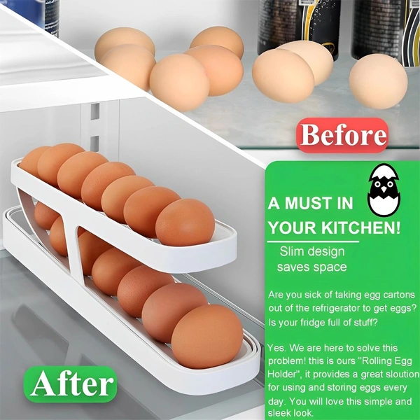 Neo Clean 2 Tier Rolling Egg Dispenser for Fridge & Pantry – Space-Saving Gravity-Fed Egg Holder (Holds 12-14 Eggs, Durable Storage, Pack of 1)