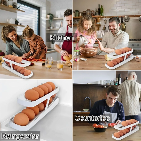 Neo Clean 2 Tier Rolling Egg Dispenser for Fridge & Pantry – Space-Saving Gravity-Fed Egg Holder (Holds 12-14 Eggs, Durable Storage, Pack of 1)
