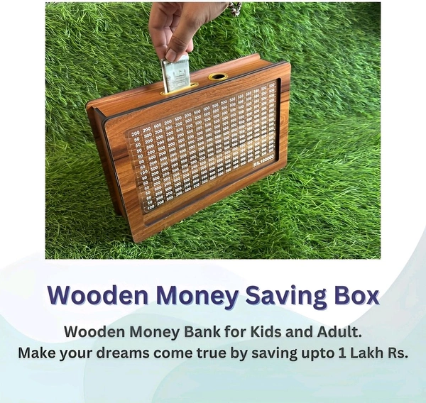 Neo Clean Wooden Piggy Bank for Kids & Adults – Carved Money Savings Box, 1 Lakh Target Cash Vault, Coin & Cash Money Saver Box