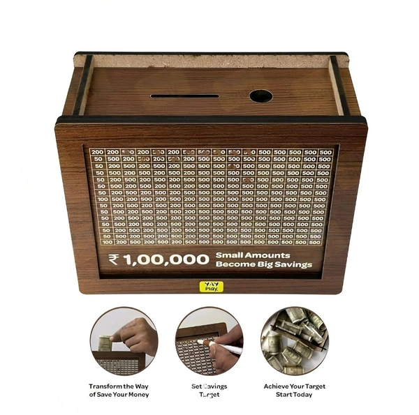 Neo Clean Wooden Piggy Bank for Kids & Adults – Carved Money Savings Box, 1 Lakh Target Cash Vault, Coin & Cash Money Saver Box