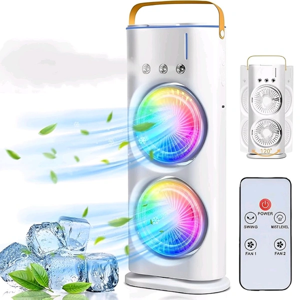 Neo Clean USB Rechargeable Double Ended Spray Fan | 4000mAh Oscillating Cooler with LED, Touch & Remote Control, 3-Speed Cold Air Fan with Water Tank (2025, White)