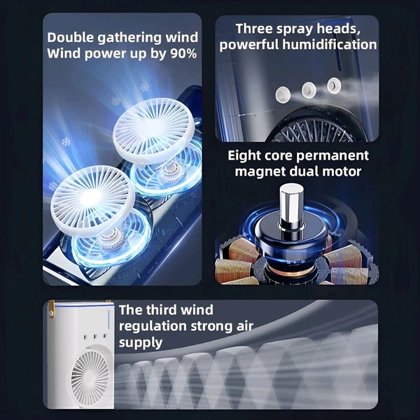 Neo Clean USB Rechargeable Double Ended Spray Fan | 4000mAh Oscillating Cooler with LED, Touch & Remote Control, 3-Speed Cold Air Fan with Water Tank (2025, White)