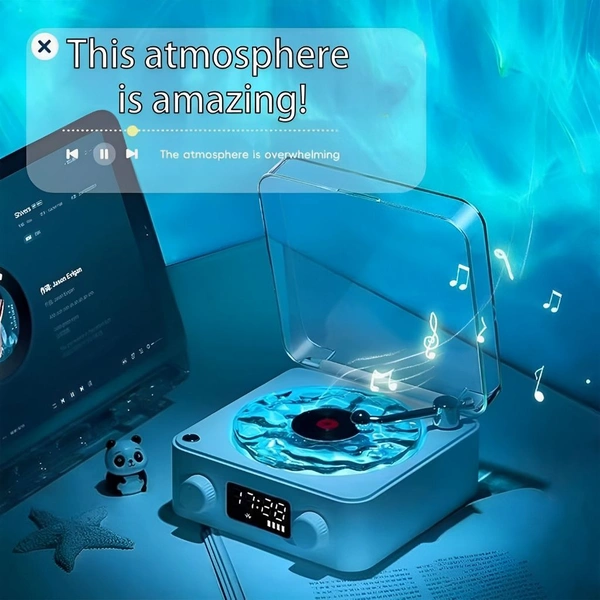 Neo Clean Retro-Style Ocean Wave Bluetooth Gramophone Speaker Lamp with Ambience Light and Clock for Bedroom, Office, Party