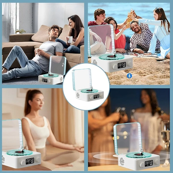 Neo Clean Retro-Style Ocean Wave Bluetooth Gramophone Speaker Lamp with Ambience Light and Clock for Bedroom, Office, Party