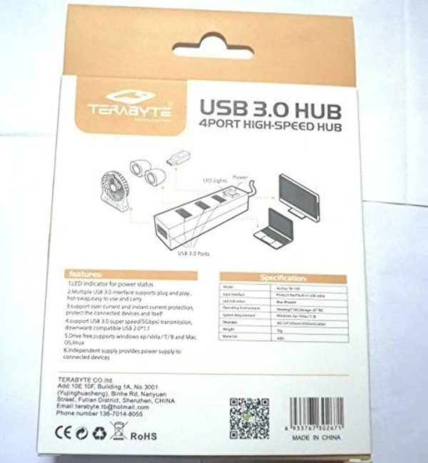 iSparehub 4 Port USB 3.0 HUB High Speed USB Extension Hub with LED & On Off Switch TB-1101