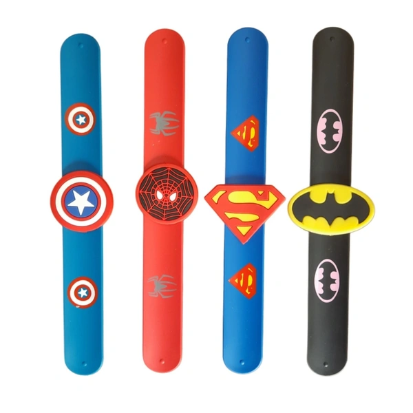Superhero Wrist Bands for Kids PIECE-1 ( RANDOM COLOURS & DESIGNS) – Silicone Snap Bracelets with Superman, Captain Shield, Spider Web & Bat Hero Designs | Party Favors, Return Gifts & School Rewards