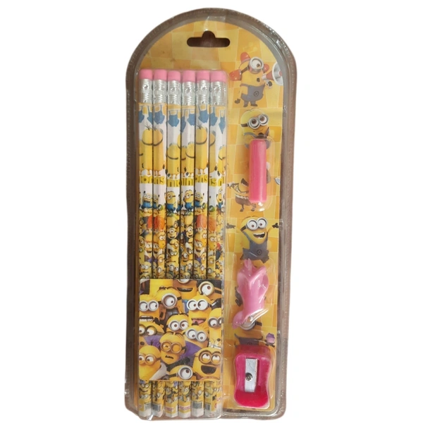 Minions Theme Pencil Stationery Set for Kids – 12 Printed HB Pencils, Sharpener & Pencil Cap – Cartoon School Supplies Gift Set for Boys and Girls