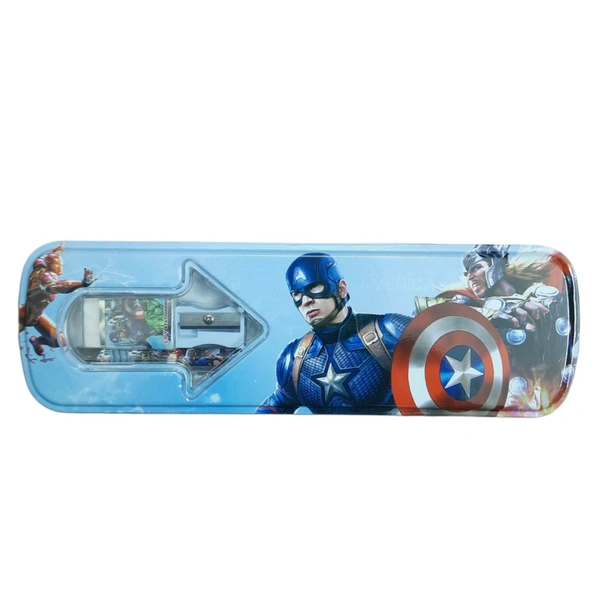 Superhero Theme Metal Pencil Box Set with Eraser & Sharpener, pencil | Durable Tin Pencil Case for School Kids | Lightweight Stationery Storage Box