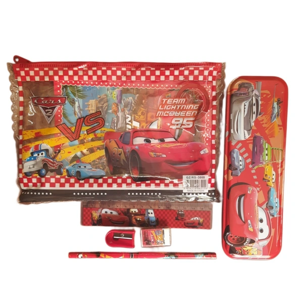 Kids Cars Theme Stationery Gift Set with Pencil Box, Transparent Zipper Pouch, Scale, Pencil, Eraser & Sharpener | Cartoon Racing Car School Supplies Kit for Boys