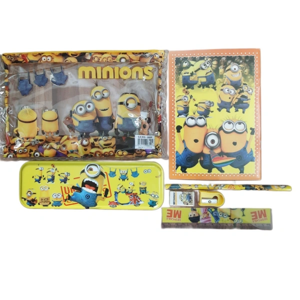 Minions Kids Stationery Set with Pencil Box, Notebook, Pencil, Scale, Sharpener & Zip Pouch | Cartoon School Supplies Kit for Boys & Girls | Return Gift & Back-to-School Combo