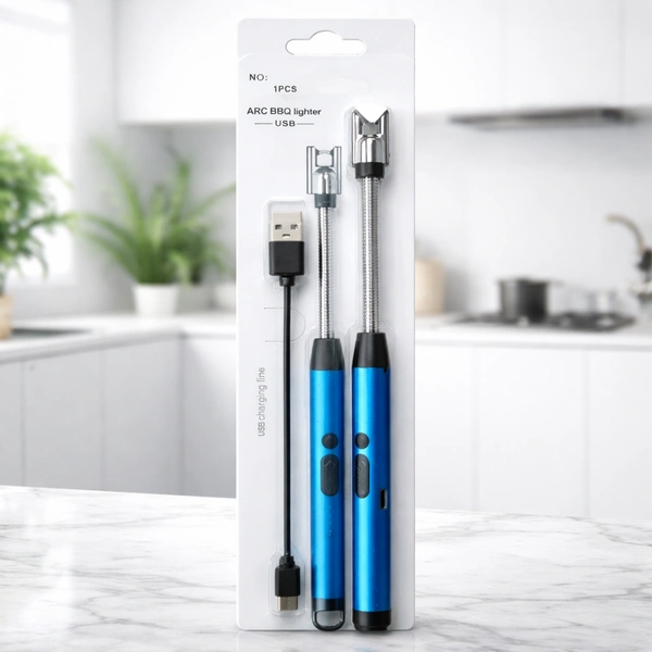 USB Rechargeable ARC BBQ Lighter with Flexible Neck, Windproof Flameless Electric Lighter, Long Reach Plasma Ignition for Kitchen, Candle, Gas Stove & Outdoor Use (Blue)