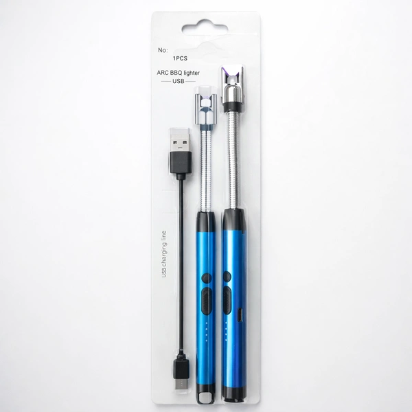USB Rechargeable ARC BBQ Lighter with Flexible Neck, Windproof Flameless Electric Lighter, Long Reach Plasma Ignition for Kitchen, Candle, Gas Stove & Outdoor Use (Blue)