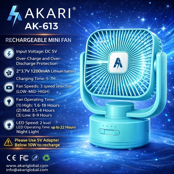 AKARI AK-613 Rechargeable Mini Table Fan with LED Night Light | 3-Speed Adjustable Airflow | USB Fast Charging (5V/2A) | Adjustable Angle | Portable Desk Fan for Home, Office & Travel