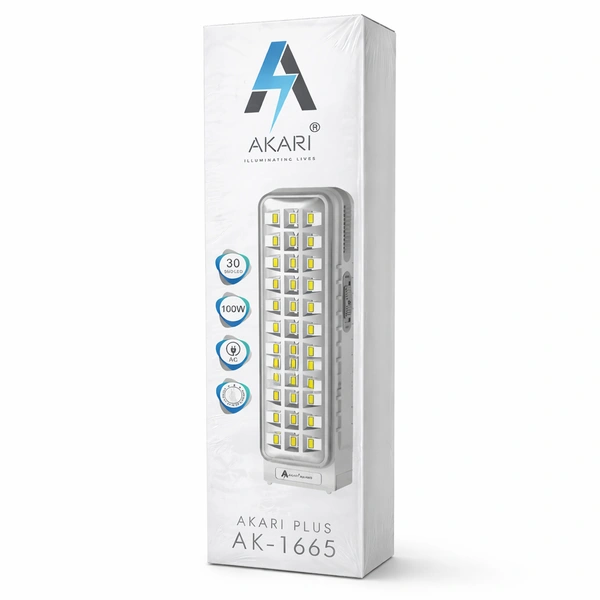 AKARI PLUS AK-1665 Rechargeable LED Emergency Light | 30 SMD LEDs | 100W Power Output | AC Charging Portable Light for Home & Power Backup