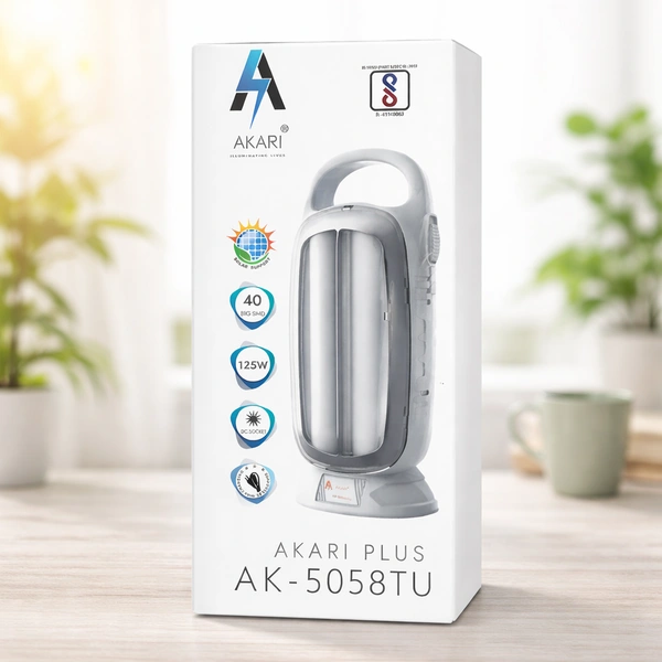 AKARI Plus AK-5058TU Rechargeable LED Emergency Light with Solar Support, 40 Big SMD LEDs, 125W Power, DC Socket, Portable Handle – White